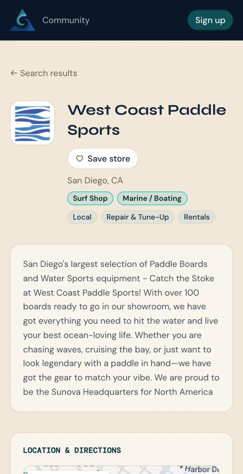 West Coast Paddle Sports store page on SeaChange Local