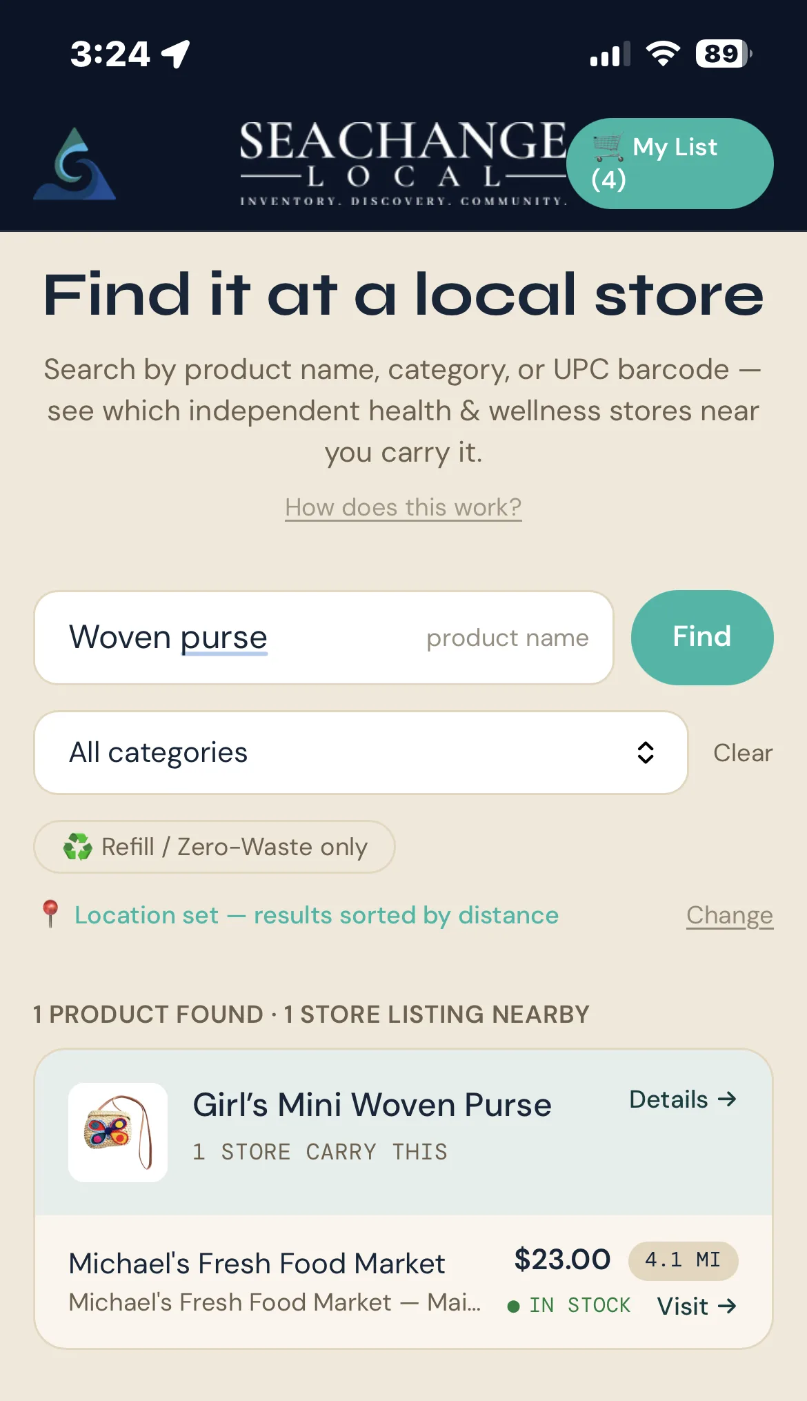 SeaChange Local app showing a local store carrying the searched product