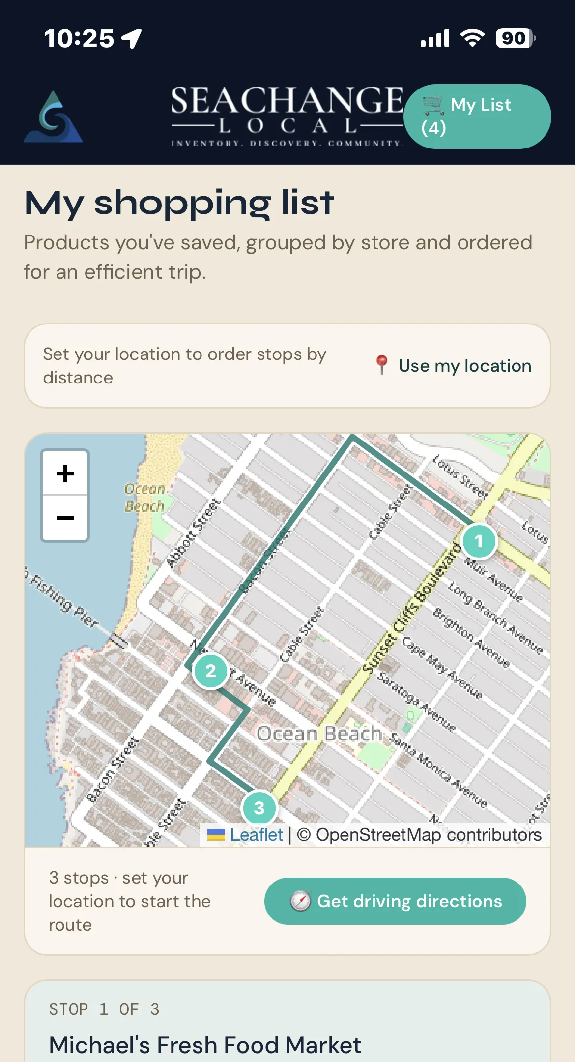 SeaChange Local shopping list with a mapped route between neighborhood stores